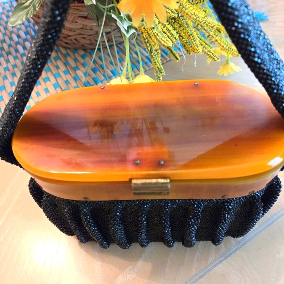 Rare Find Vintage Black Heavily Beaded & Pleated Box Purse 1940s - Picture 3 of 17